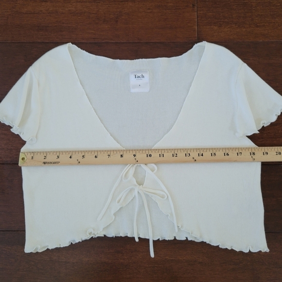 Tach Gaine White Tie-Front Ribbed Flutter Sleeve Crop Cardigan Top Womens Size S - Picture 6 of 9